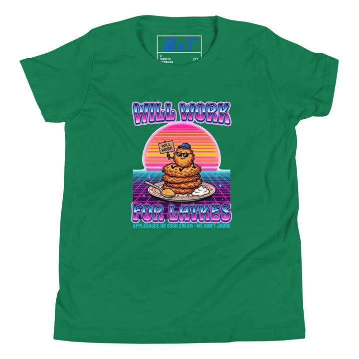 Will Work for Latkes 80s Jewish pride kids short sleeve t-shirt in Kelly - front view