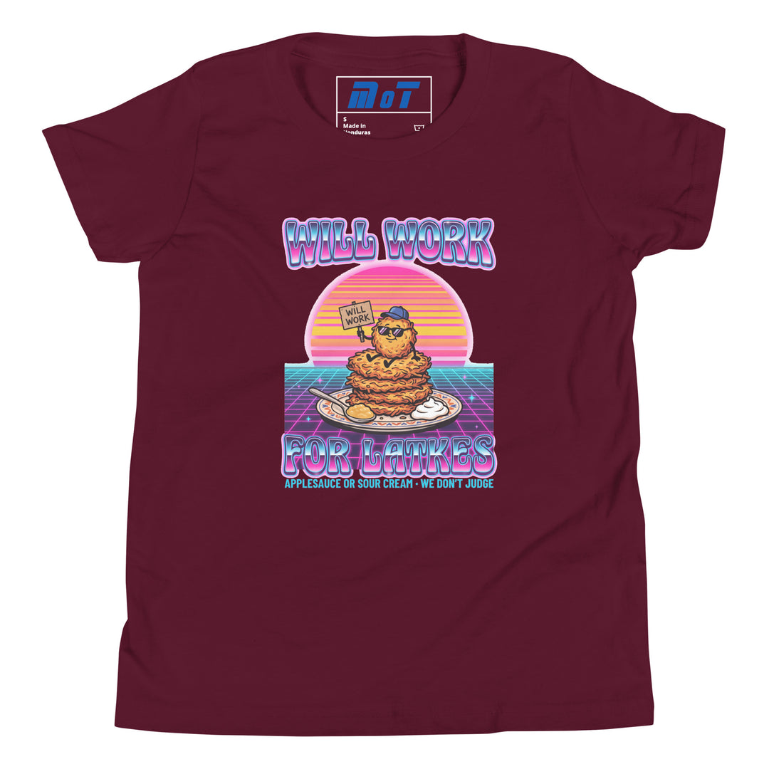 Will Work for Latkes 80s Jewish pride kids short sleeve t-shirt in Maroon - detail view