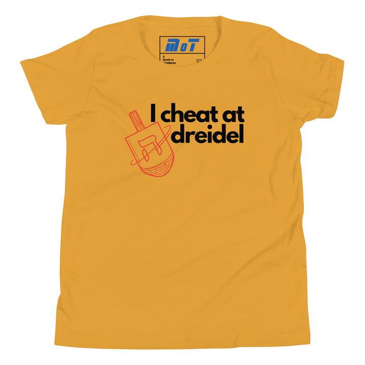 I Cheat At Dreidel Jewish pride kids short sleeve t-shirt in Mustard - lifestyle shot