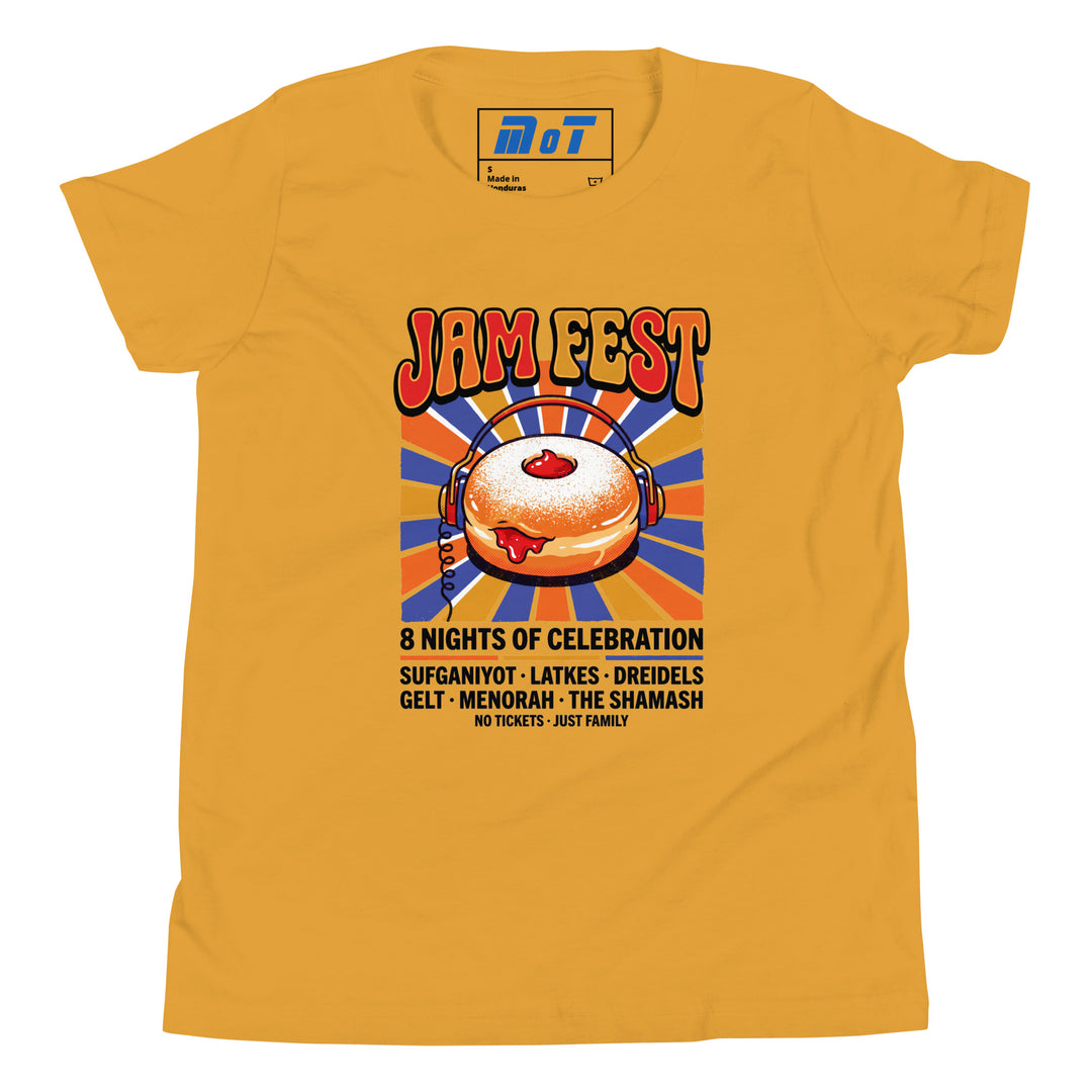 Jam Fest 8 Nights Jewish pride kids short sleeve t-shirt in Mustard - lifestyle shot