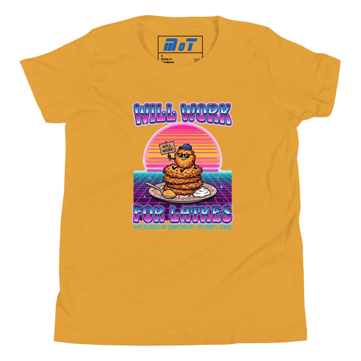Will Work for Latkes 80s Jewish pride kids short sleeve t-shirt in Mustard - detail view
