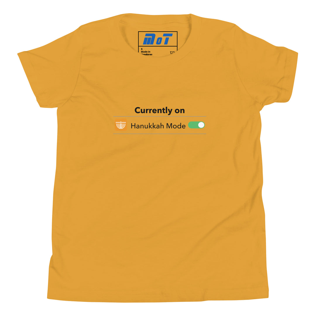Hanukkah Mode Jewish pride kids short sleeve t-shirt in Mustard - front view