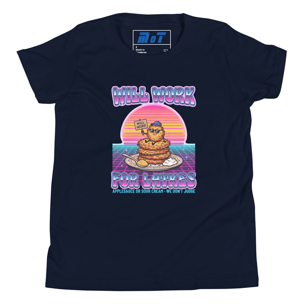 Will Work for Latkes 80s Jewish pride kids short sleeve t-shirt in Navy - back view