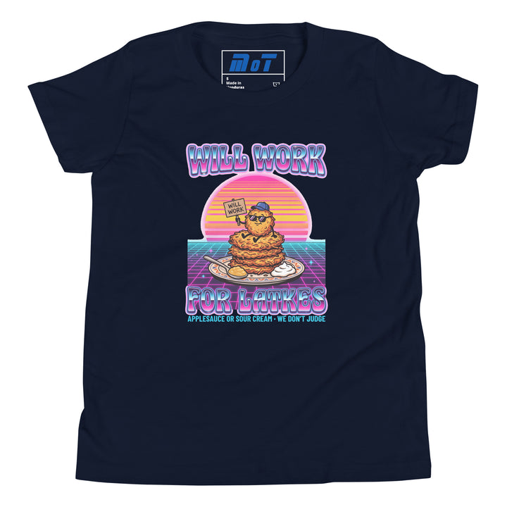 Will Work for Latkes 80s Jewish pride kids short sleeve t-shirt in Navy - back view