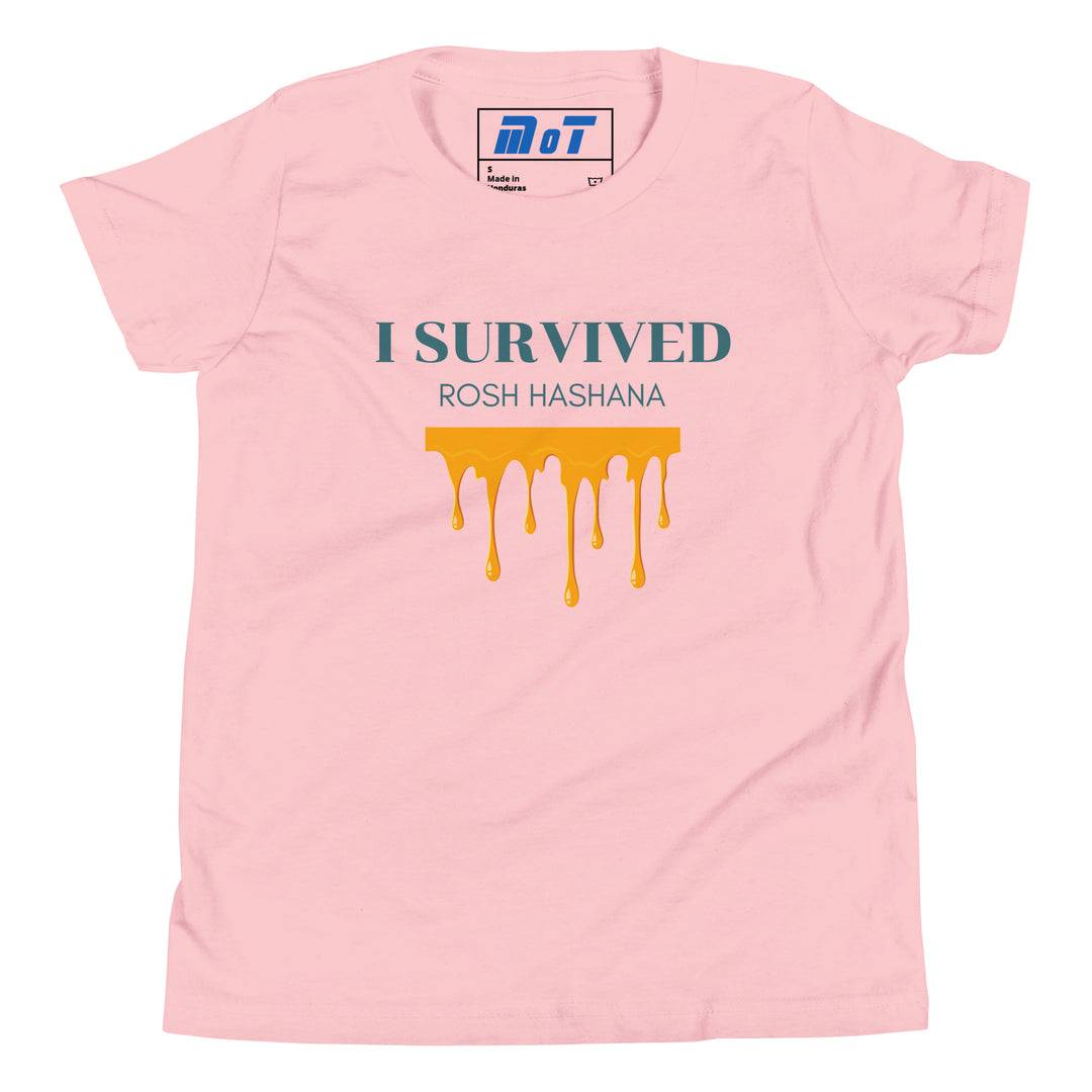 I Survived Rosh HaShana Jewish pride kids short sleeve t-shirt in Pink - folded view