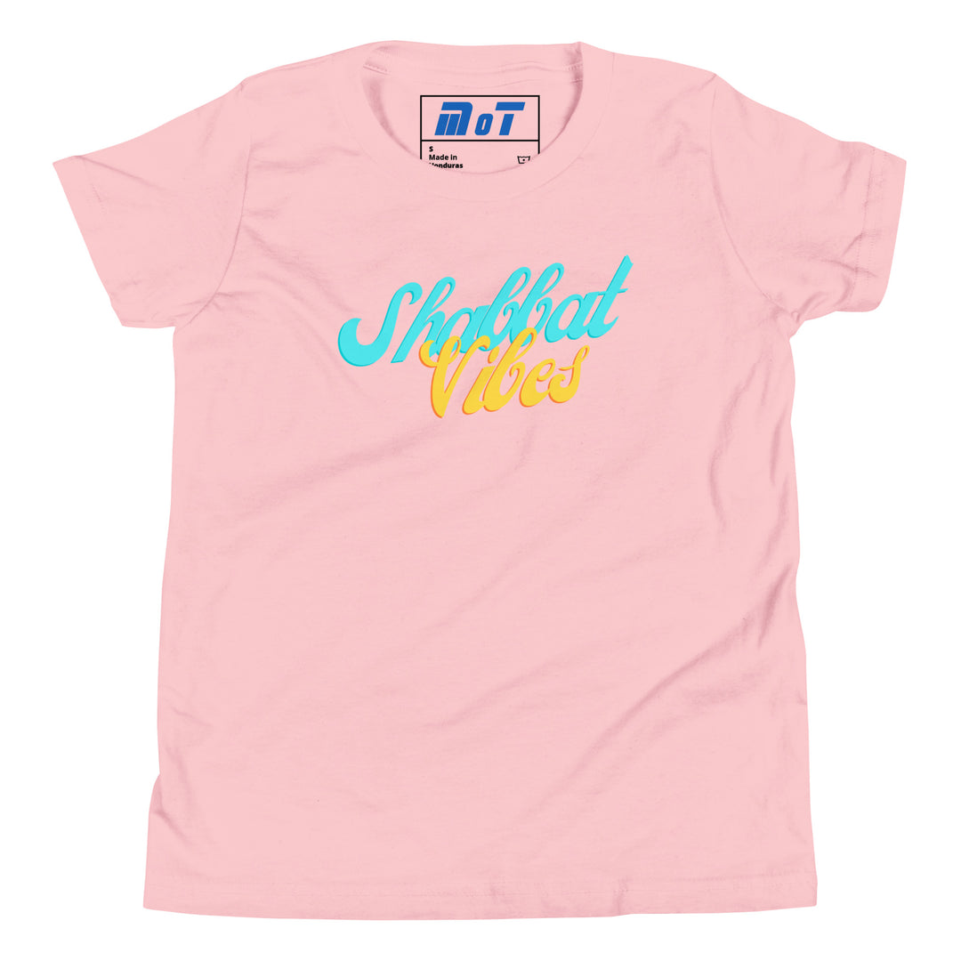 Shabbat Vibes Jewish pride kids short sleeve t-shirt in Pink - back view