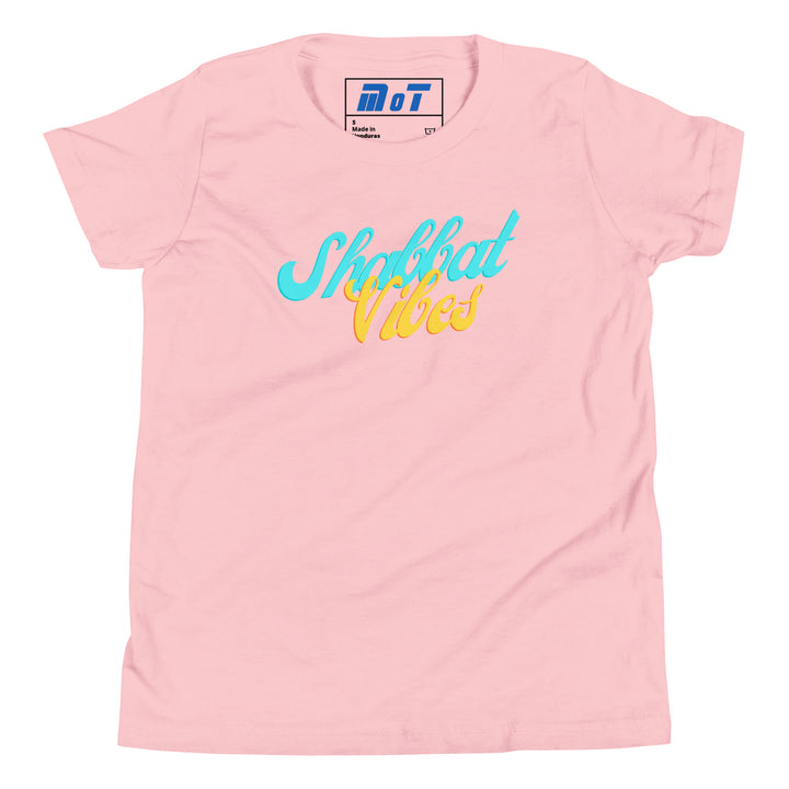 Shabbat Vibes Jewish pride kids short sleeve t-shirt in Pink - back view