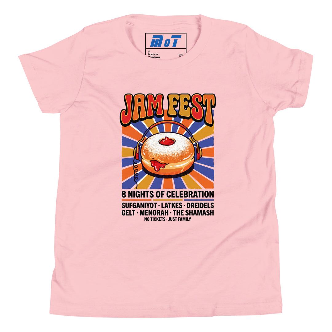 Jam Fest 8 Nights Jewish pride kids short sleeve t-shirt in Pink - side view