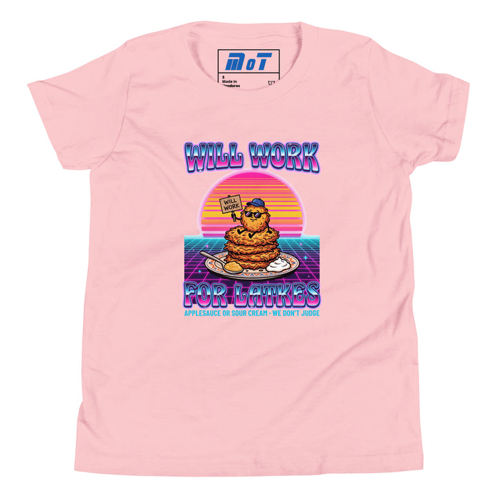 Will Work for Latkes 80s Jewish pride kids short sleeve t-shirt in Pink - close-up