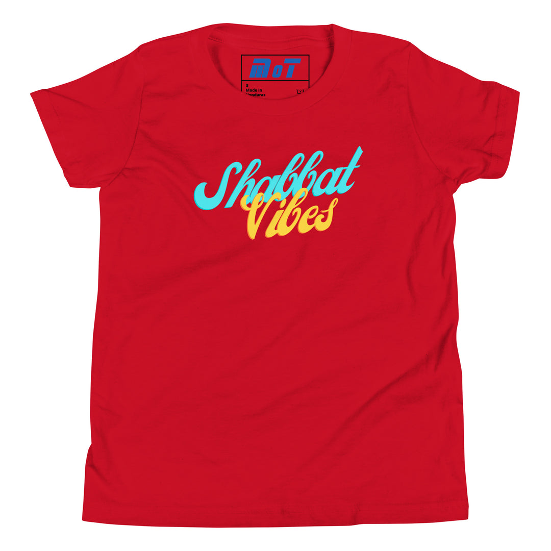 Shabbat Vibes Jewish pride kids short sleeve t-shirt in Red - close-up