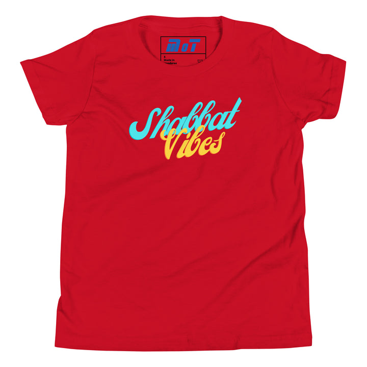 Shabbat Vibes Jewish pride kids short sleeve t-shirt in Red - close-up