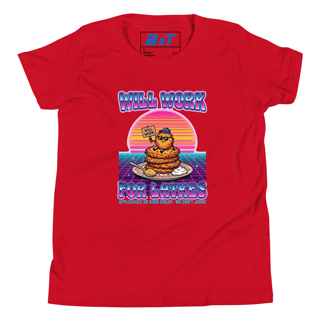 Will Work for Latkes 80s Jewish pride kids short sleeve t-shirt in Red - close-up