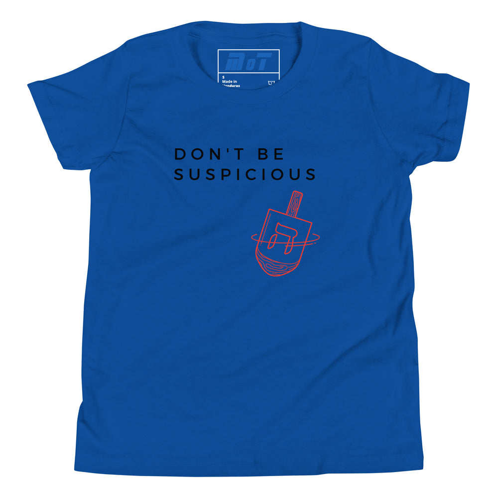 Don't Be Suspicious Dreidel Jewish pride kids short sleeve t-shirt in True Royal - back view