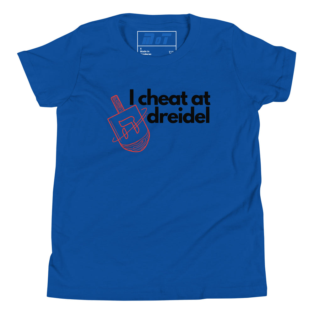 I Cheat At Dreidel Jewish pride kids short sleeve t-shirt in True Royal - back view