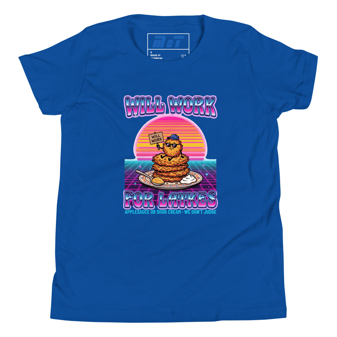 Will Work for Latkes 80s Jewish pride kids short sleeve t-shirt in True Royal - lifestyle shot