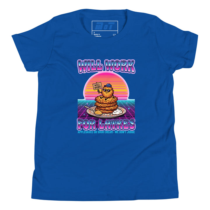 Will Work for Latkes 80s Jewish pride kids short sleeve t-shirt in True Royal - lifestyle shot