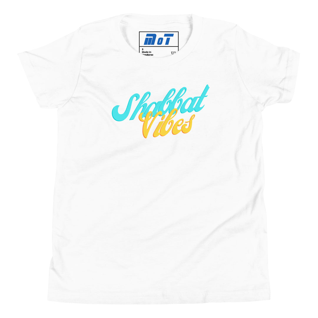 Shabbat Vibes Jewish pride kids short sleeve t-shirt in White - close-up