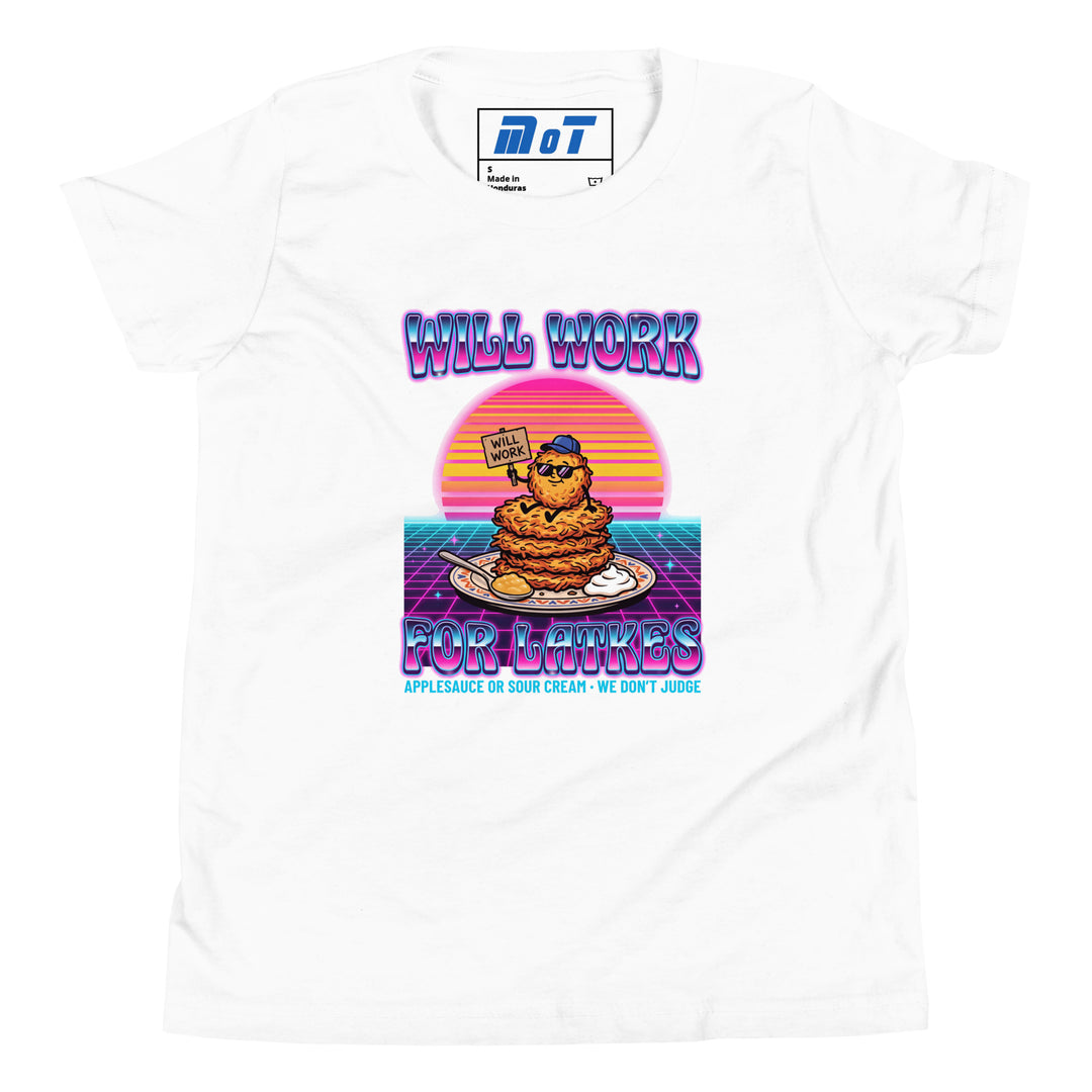 Will Work for Latkes 80s Jewish pride kids short sleeve t-shirt in White - lifestyle shot